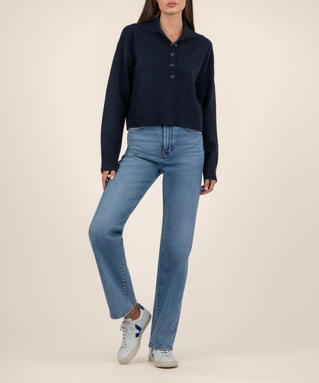 Relaxed fit long sleeve button front sweater in soft knit fabric with ribbed cuffs and hem.