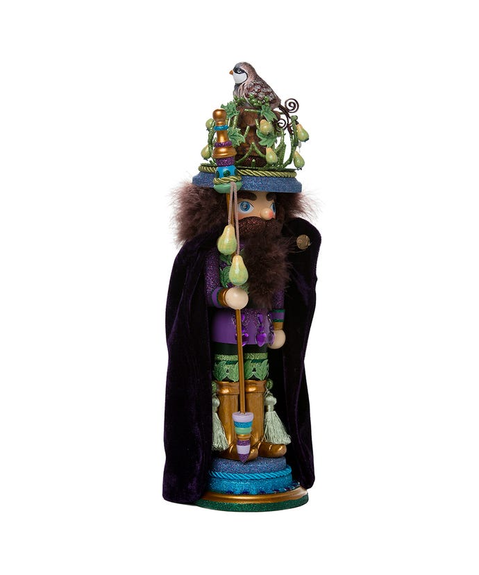 18-inch nutcracker in purple, blue, and green with a partridge in a pear tree crown.