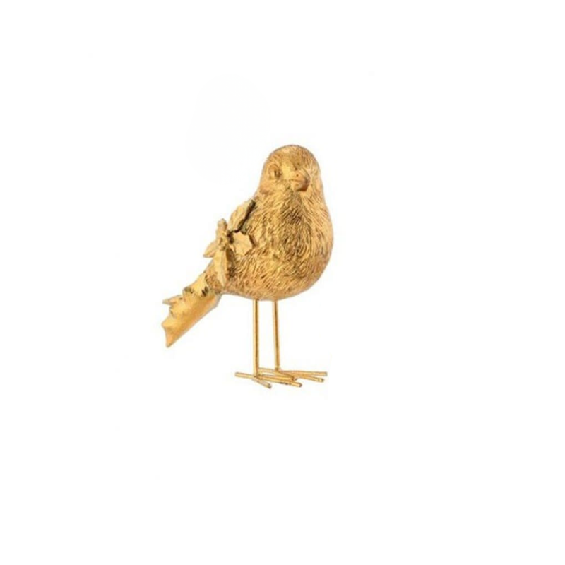 6-inch gold resin holiday bird figurine with holly leaf detail on its wing.