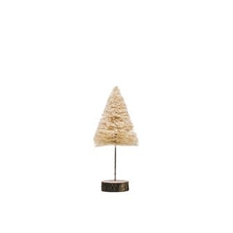 Cream-colored sisal bottle brush tree figurine on a wood base with round silhouette.