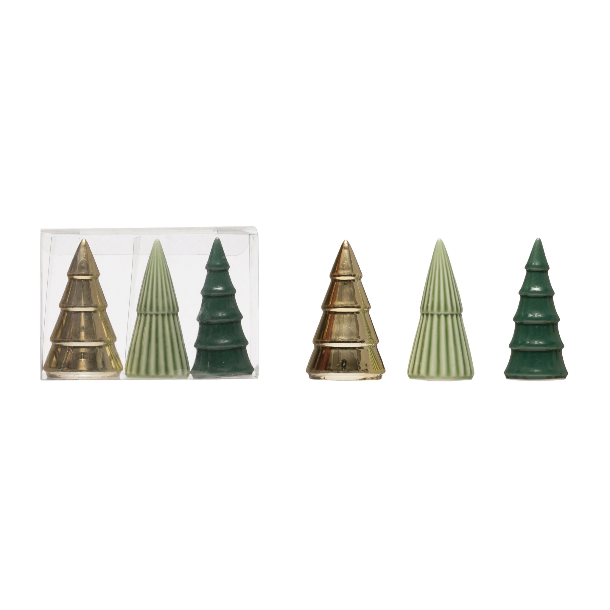 Set of three 3.5-inch porcelain tree figurines in gold, light green, and dark green.