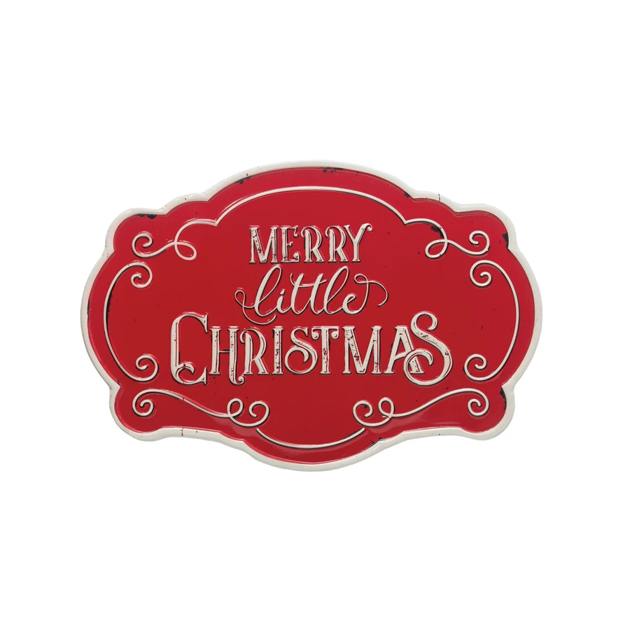 Irregular metal wall decor with embossed Merry Little Christmas text in a festive holiday silhouette.