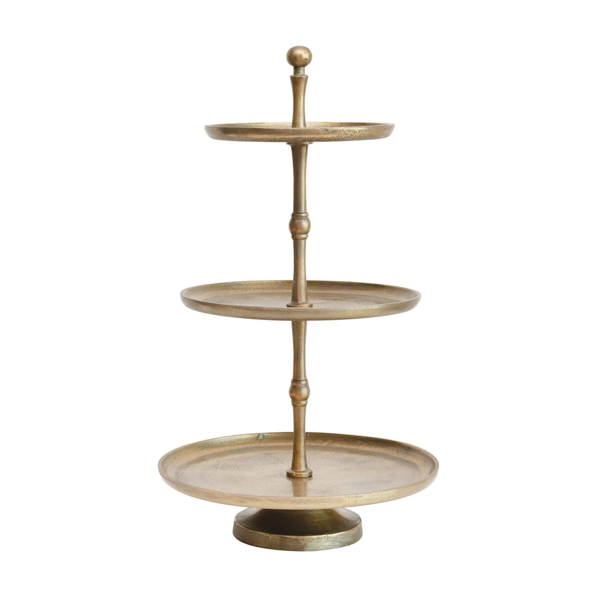 Round cast metal tiered tray with antique gold finish featuring three levels.