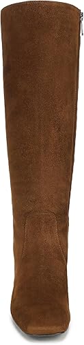 Front view of a brown suede Porter knee-high boot with a square toe and side zipper.