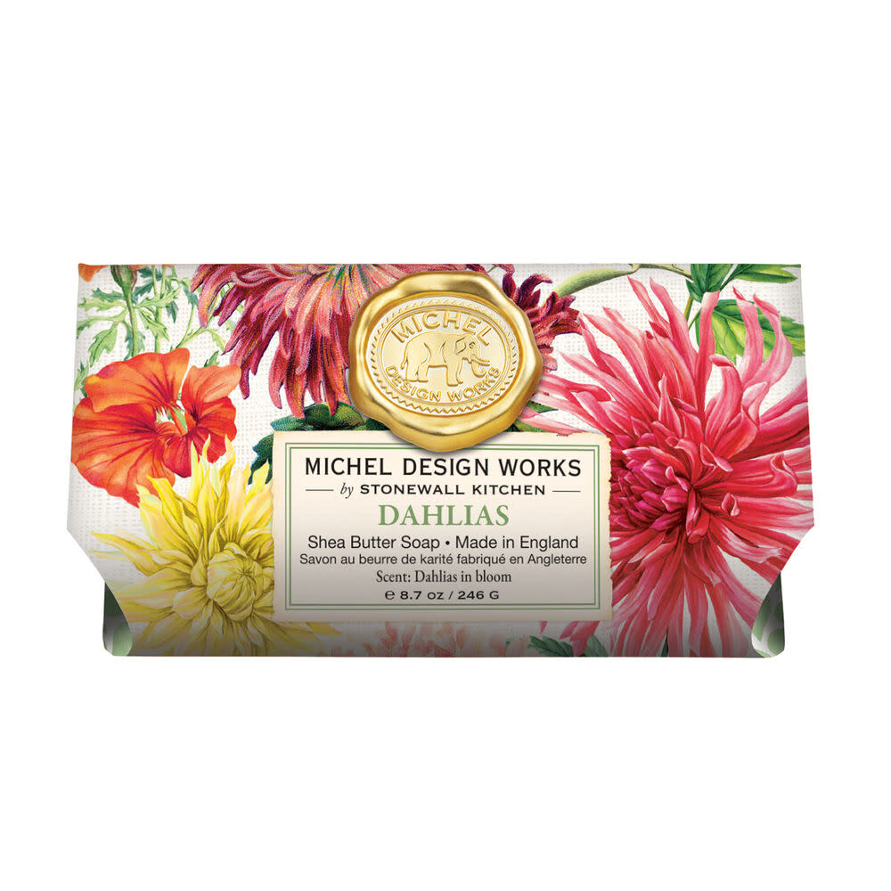 Michel Design Works Dahlias shea butter soap bar with a floral print and gold wax seal logo.