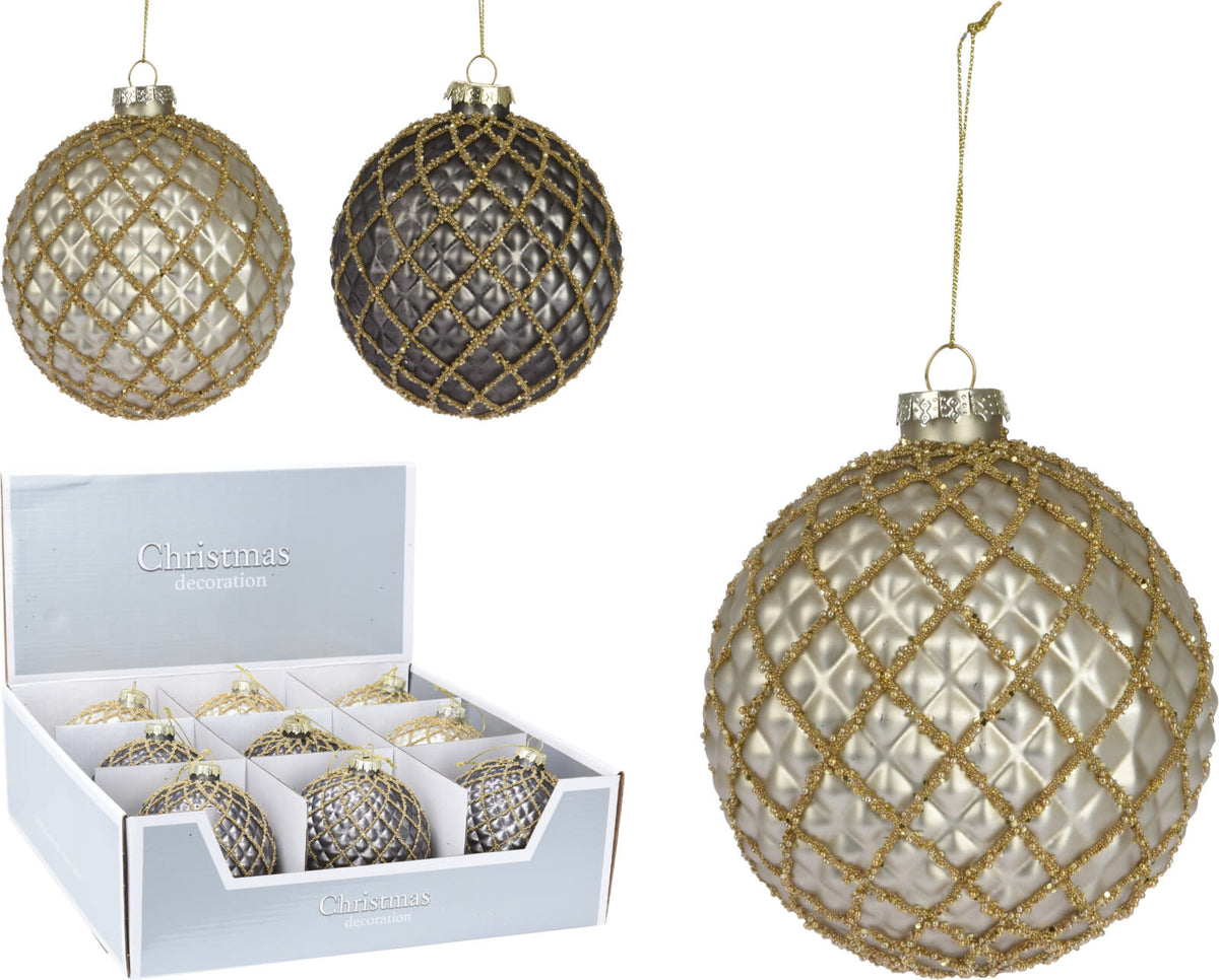 Large glass Christmas ornament ball with vibrant festive colors.
