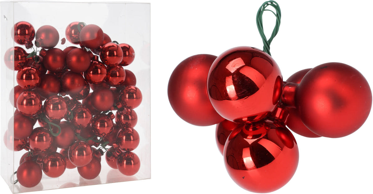 Mini red Christmas ball ornament on a thin wire hanger with gold accents.