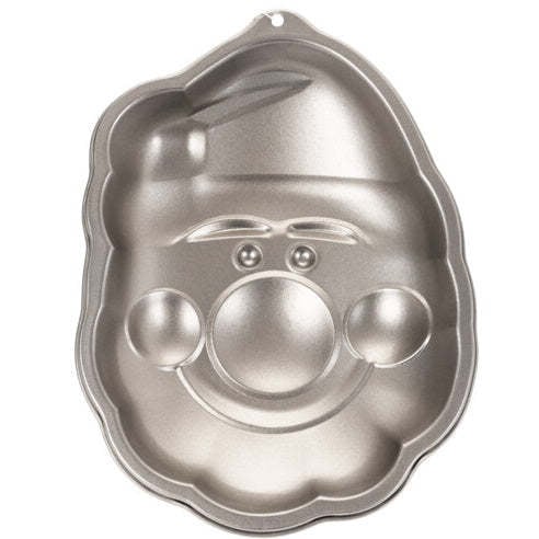 Red Santa-shaped non-stick Christmas cake mould with white trim.
