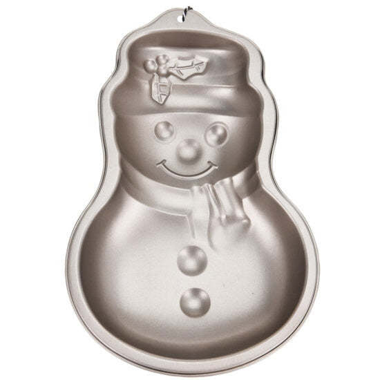 Red snowman-shaped non-stick Christmas cake mould with white accents.