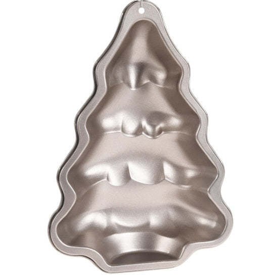 Red non-stick Christmas tree shaped cake mould with a silver handle.
