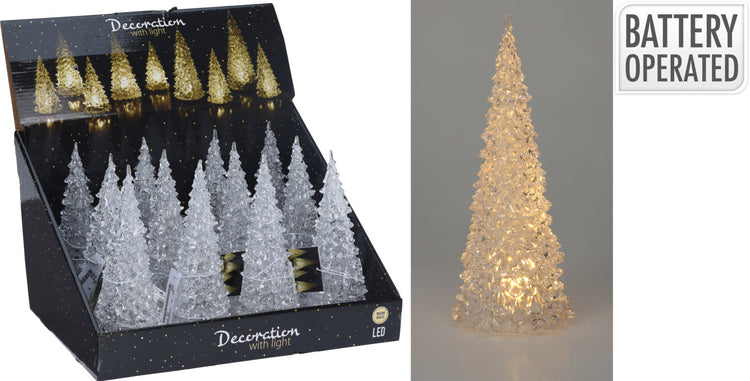 Acrylic Christmas tree with warm white LED lights on a clear stand.