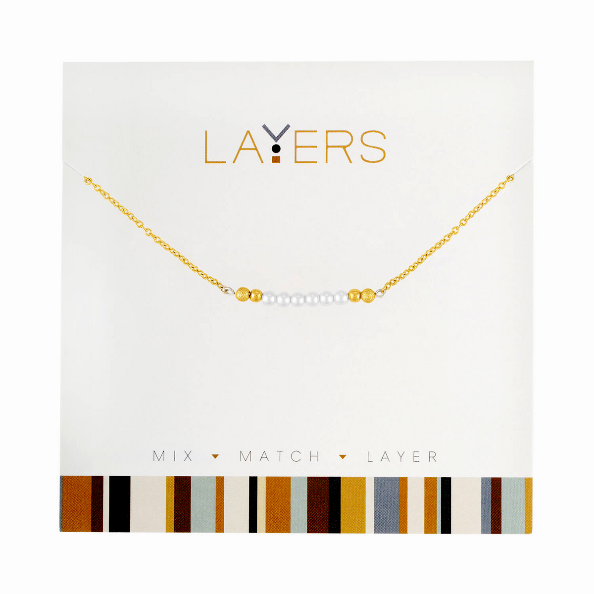 Gold pearl bar layered necklace with mixed-length chains