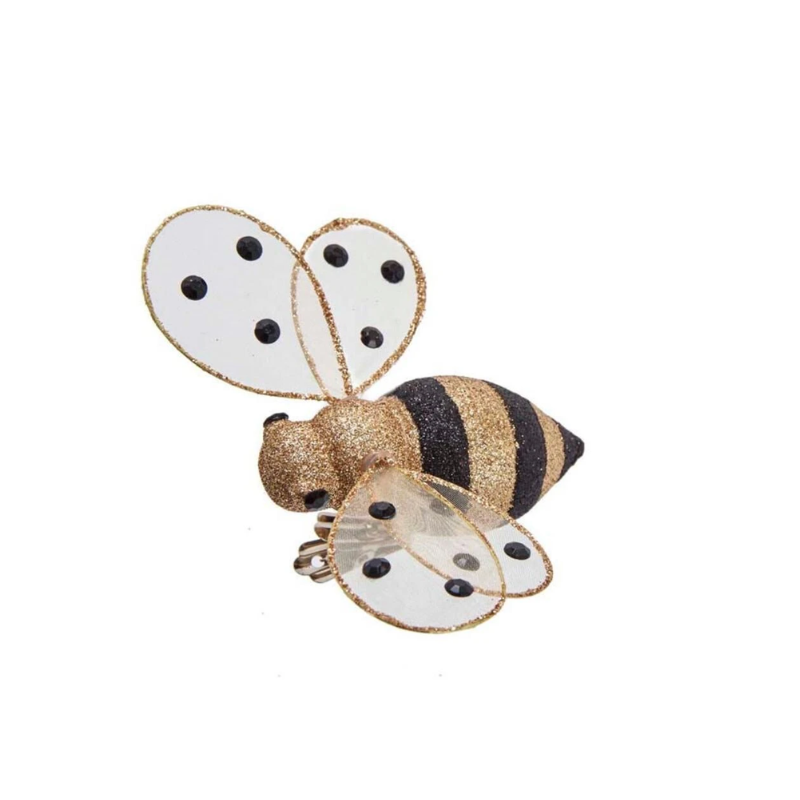 Gold honey bee clip-on ornament with shimmering gold and black glitter stripes and spotted wings.