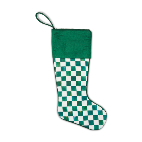 Green and white checkered Christmas stocking with a solid green cuff and hanging loop.