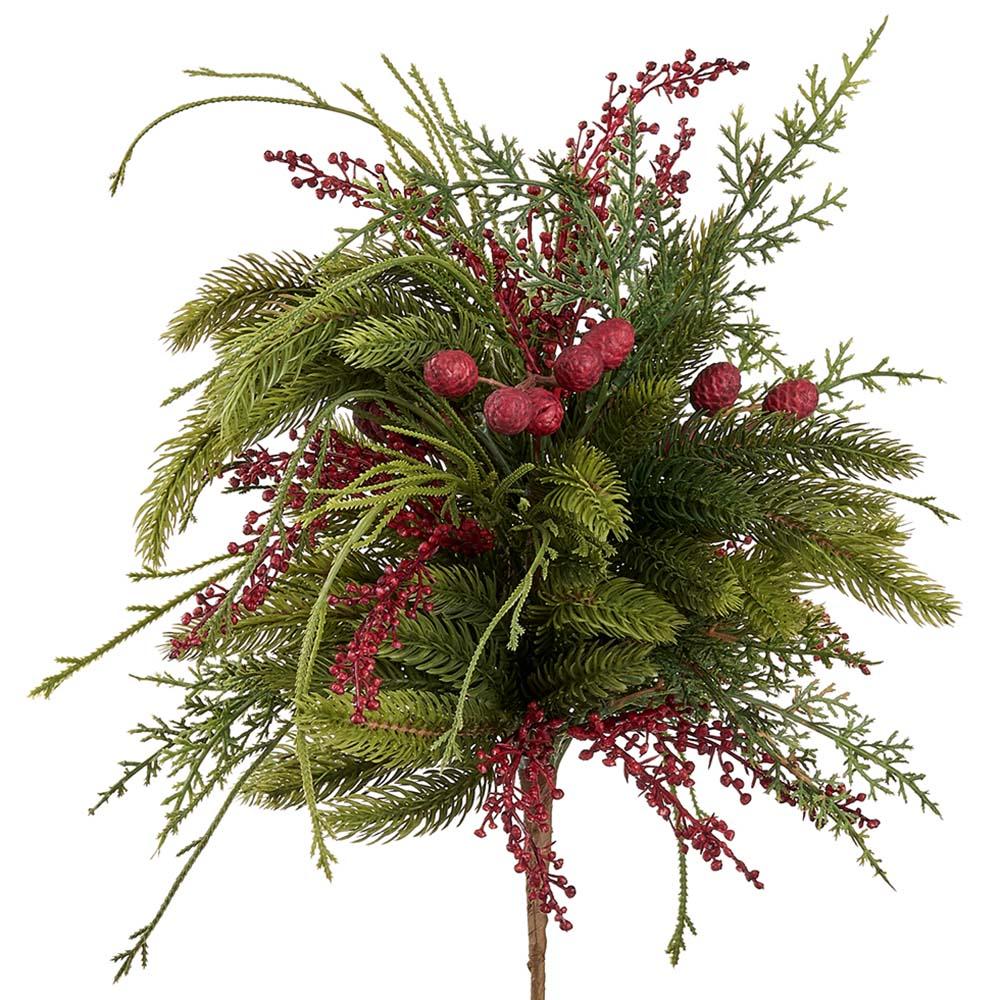 18-inch artificial sedum and mixed pine bush with red berries and green needles.