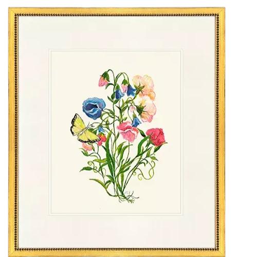 Delicate Medley II botanical print featuring colorful flowers and a butterfly in a gold frame.