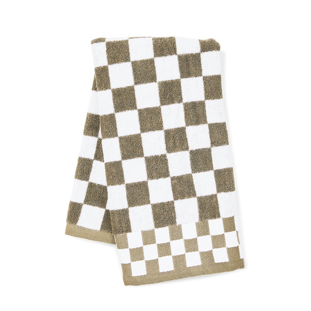 Cotton check hand towel in warm beige tones with a grid pattern.