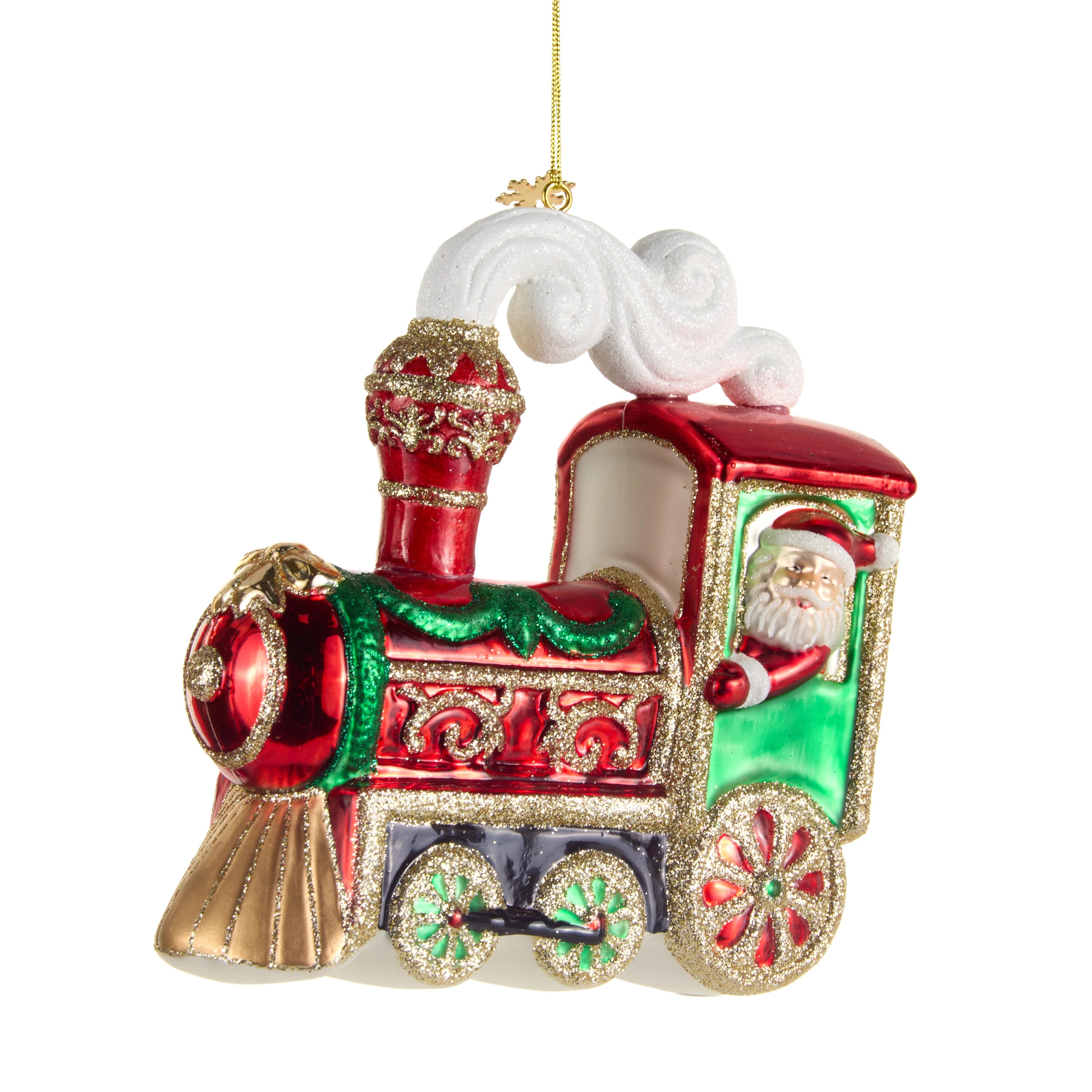 6-inch glass train Christmas ornament featuring Santa Claus in the conductor's window.