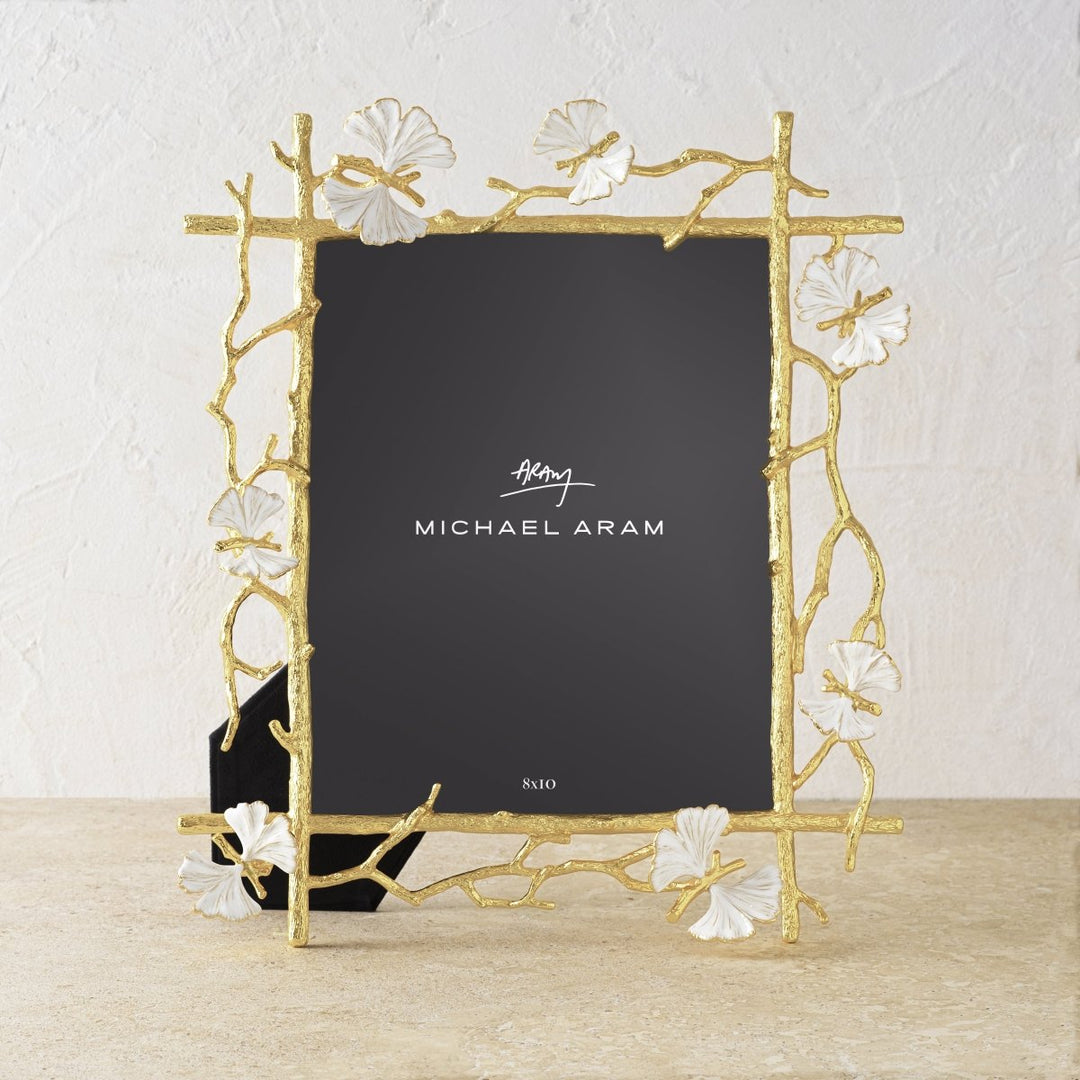 Butterfly Ginkgo 8x10 goldtone frame with white enamel butterfly-shaped ginkgo leaves.