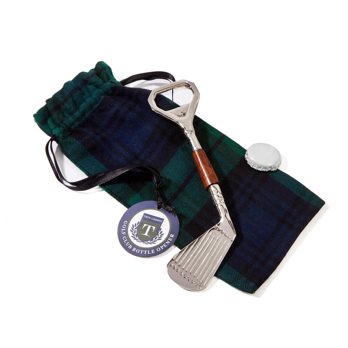 Golf club shaped brass bottle opener with a wood handle, plaid gift pouch, and round product tag.