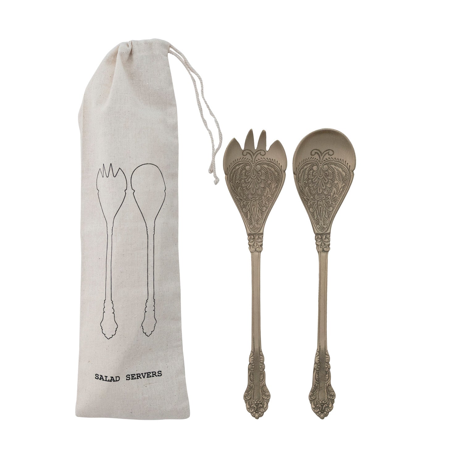 Embossed brass salad fork and spoon set next to a printed drawstring storage bag.
