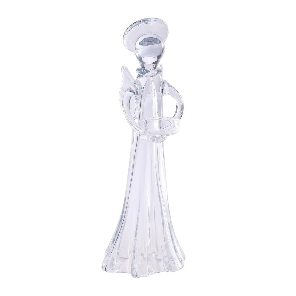Clear glass Christmas angel figurine with intricate detailing, standing 10 inches tall.