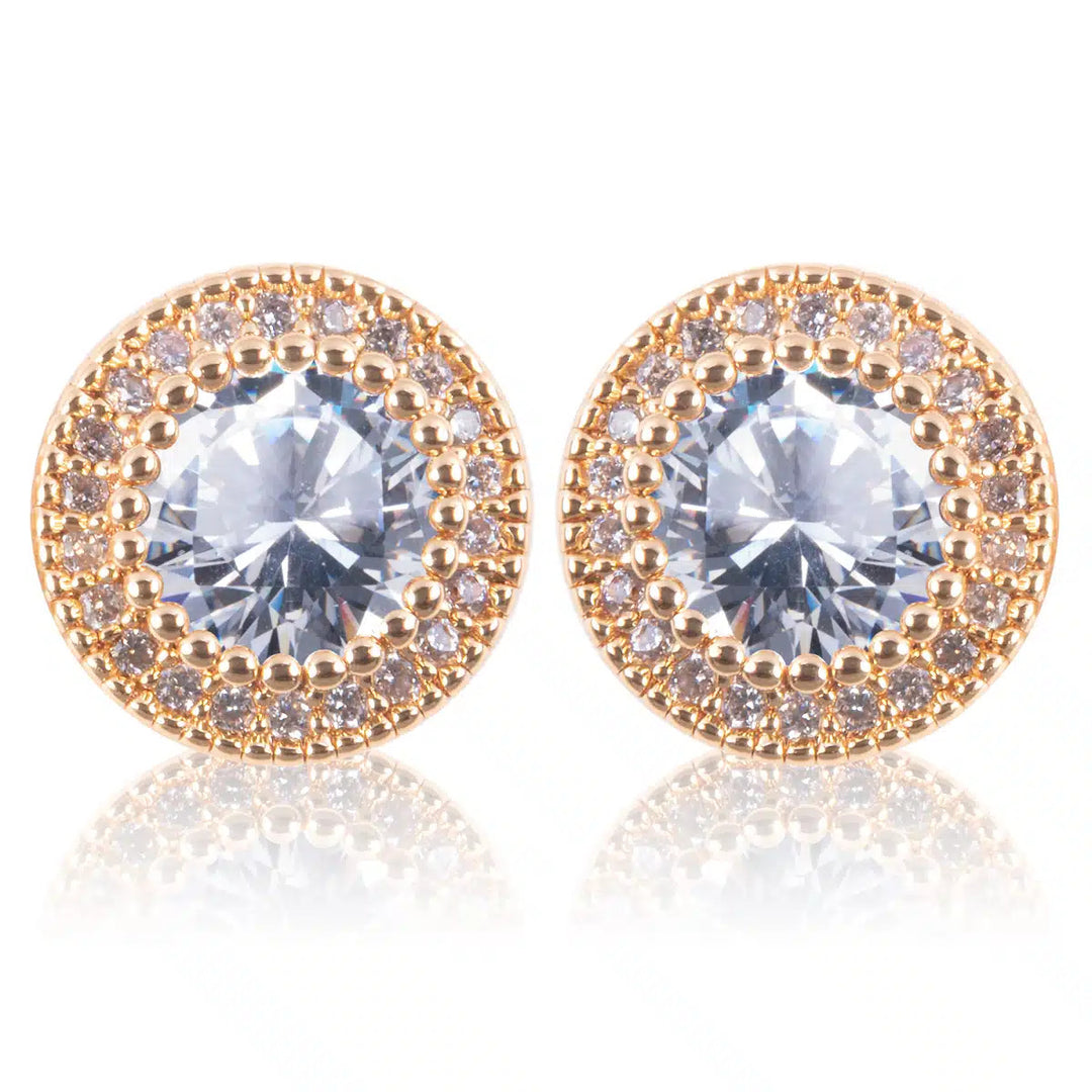 Ice Blu round halo stud earrings with a large center stone and gold beaded border.
