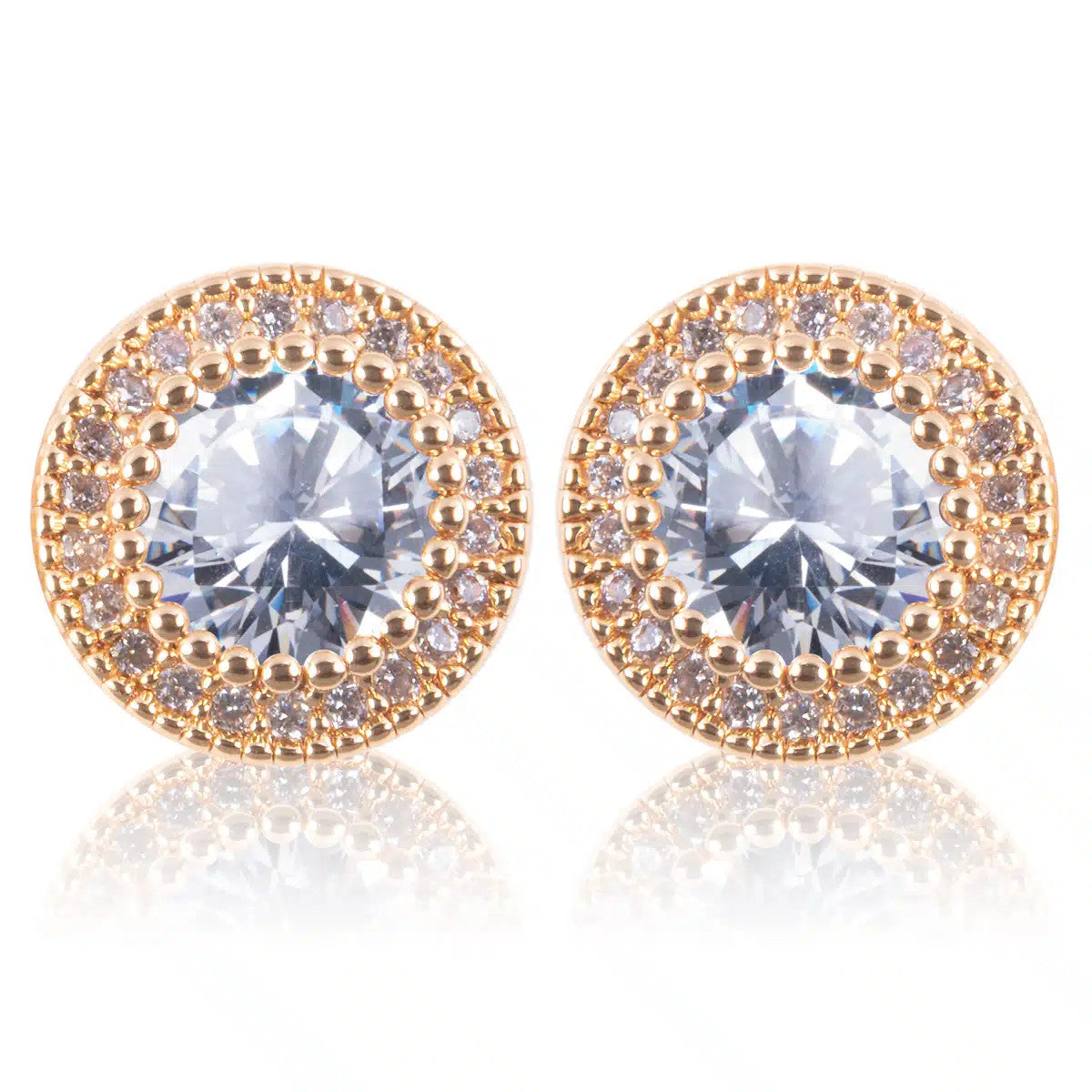 Ice Blu round halo stud earrings with a large center stone and gold beaded border.