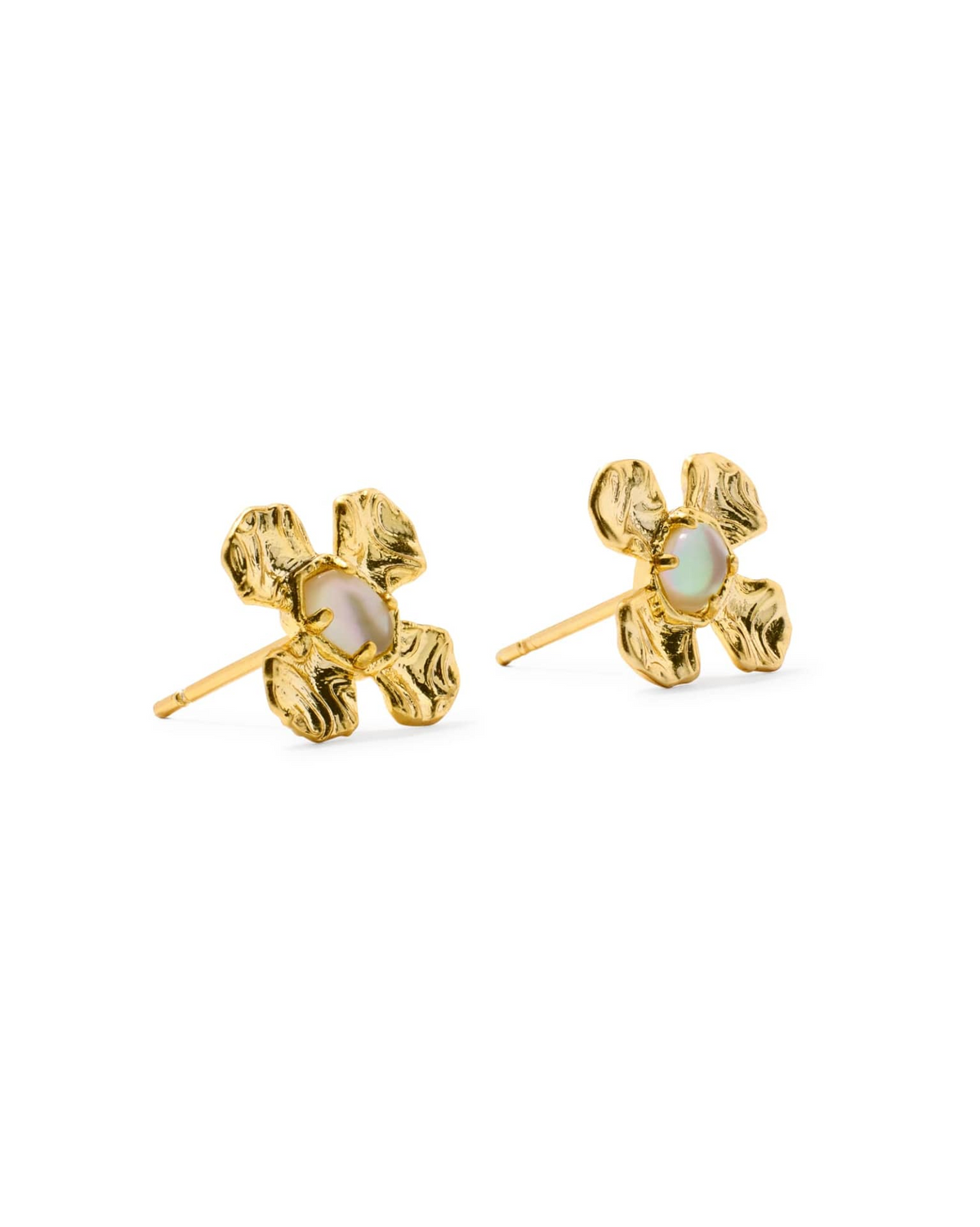 Leanne Stud Gold Earrings featuring textured floral petals and a central iridescent stone.