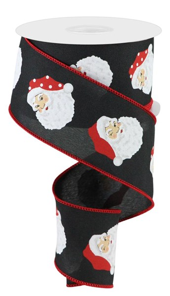 Black polyester ribbon with multi-colored vertical Santa head silhouettes.