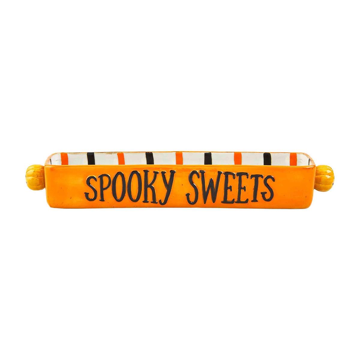 Stoneware Spooky Sweets dish with a black spooky pattern on white.