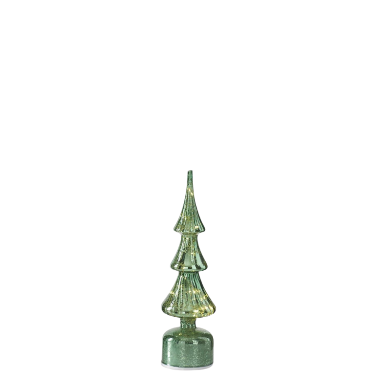 Small rotating ribbed green mercury glass LED Christmas tree with a mottled finish on a round base.