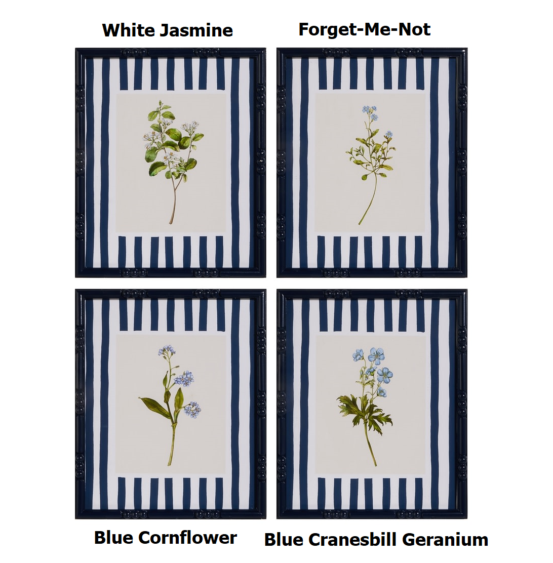 Set of four botanical wall art prints featuring blue and white flowers in striped frames.