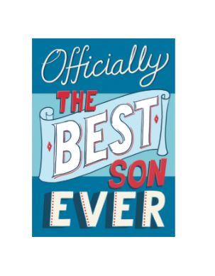 Officially the Best Son Ever birthday card with blue, red, and white lettering.