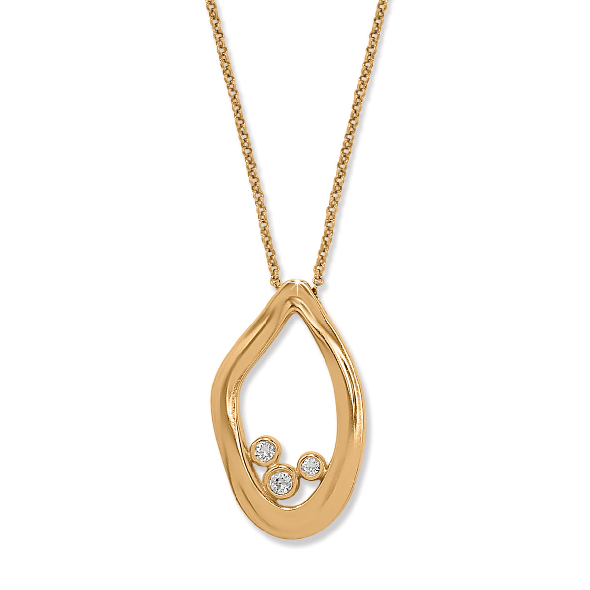 Cascade Lumina gold-tone necklace with an open teardrop pendant featuring three small crystals.