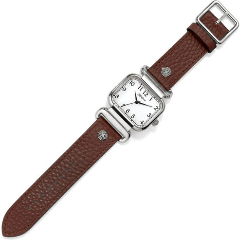 Montecito Reversible Watch with a square silver-plated face and a brown pebbled leather strap.