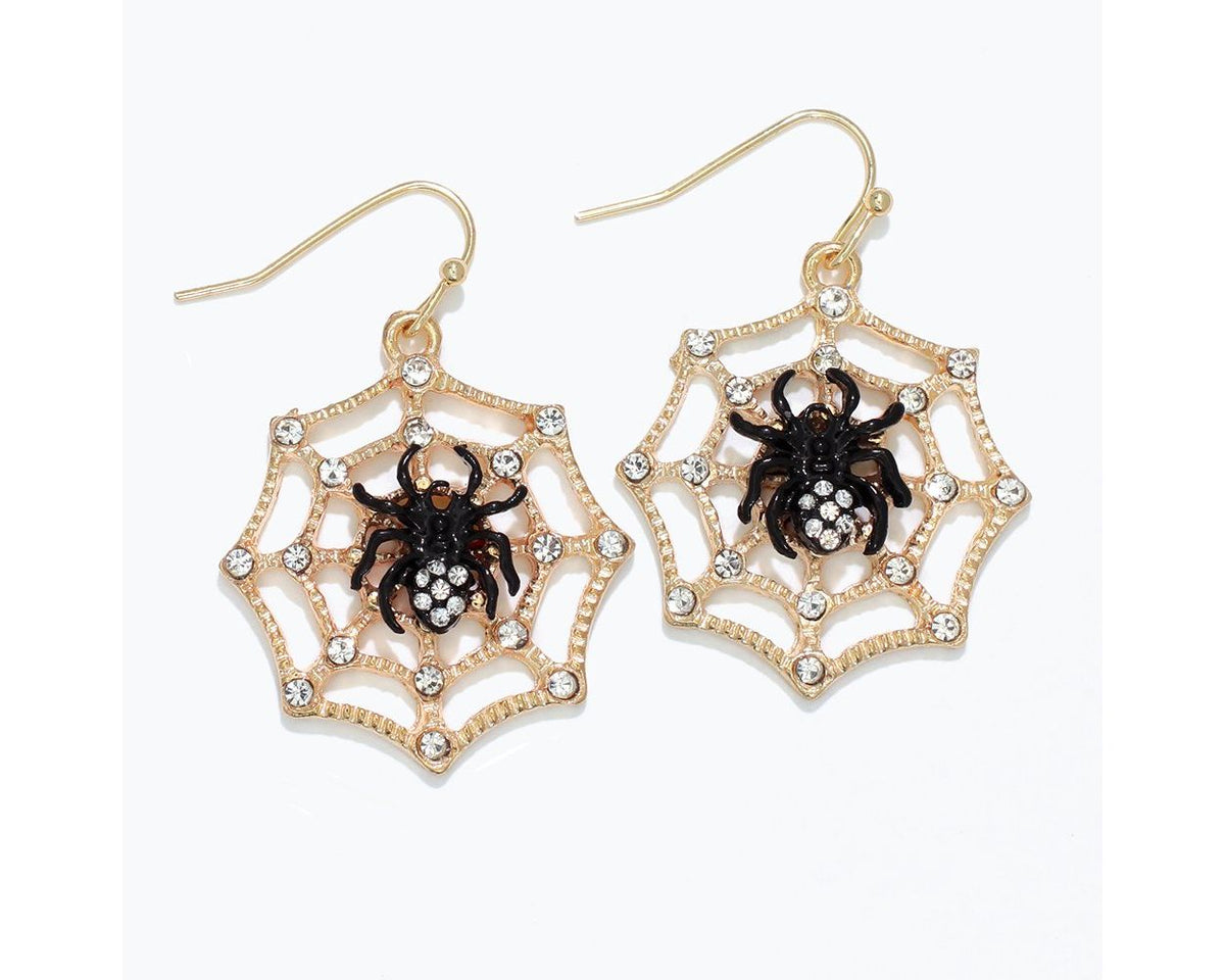 Gold web earring with black spider silhouette featuring clear crystals