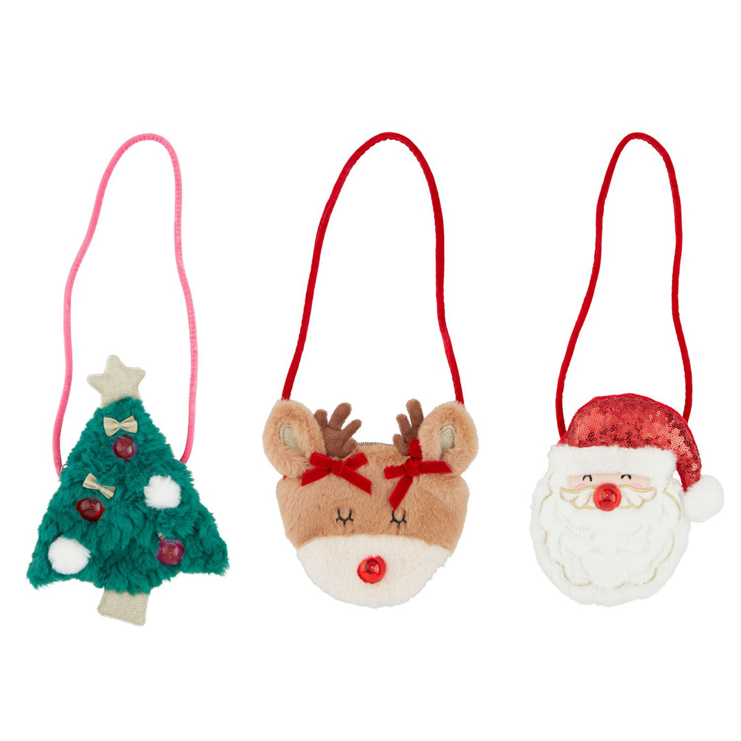 Soft minky Christmas light-up purse with faux fur exterior in festive red.