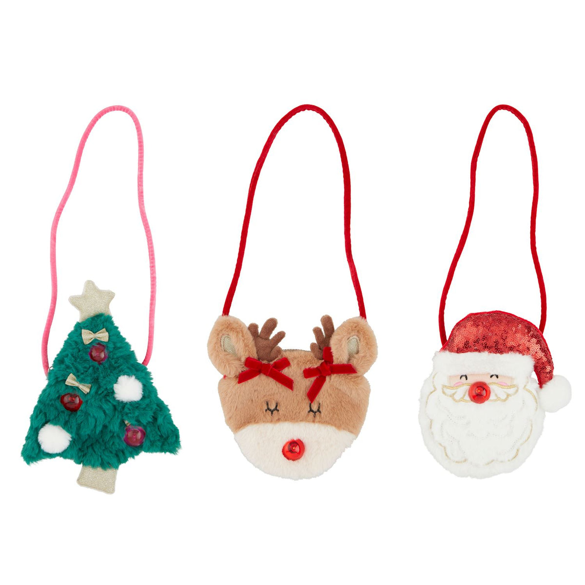 Soft minky Christmas light-up purse with faux fur exterior in festive red.
