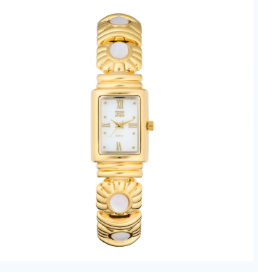 Gold-tone ladies watch with a white rectangle dial and decorative mother-of-pearl link bracelet.