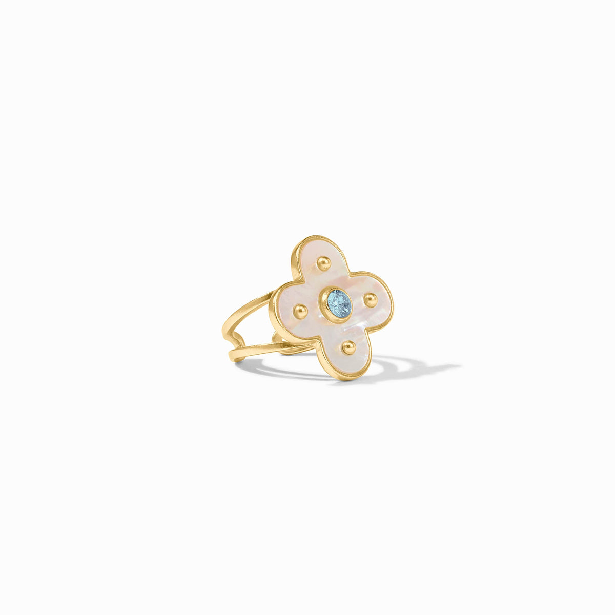 Adjustable Colette ring featuring a mother-of-pearl stone set in 24K gold plate with a CZ accent.