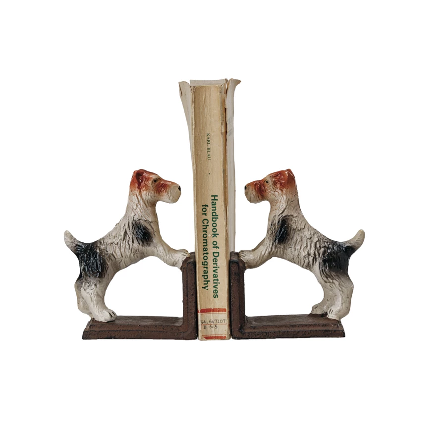 Cast iron bookends shaped as a Jack Russell Terrier in black with rectangular silhouette.