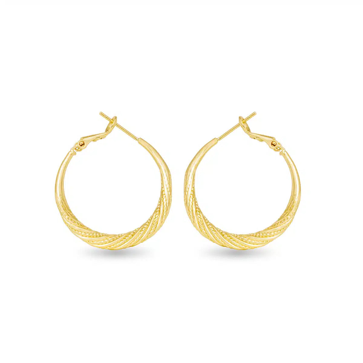 Pair of Ivy gold hoop earrings featuring a textured twisted design with a latch back closure.