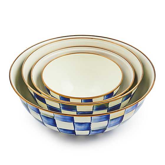 Large Royal Check Enamel Everyday Bowl nested with two smaller matching blue and white checkered bowls