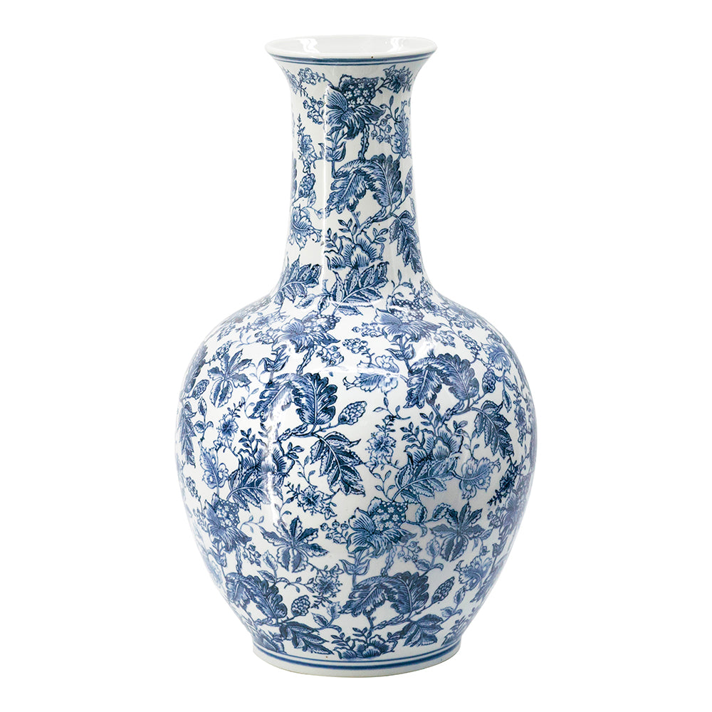 Blue and white chinoiserie porcelain flower vase with intricate floral and leaf patterns.