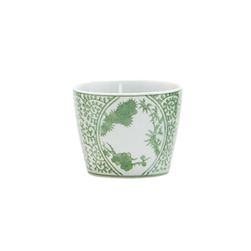 White porcelain Countryside Green Cachepot with green floral and botanical patterns.