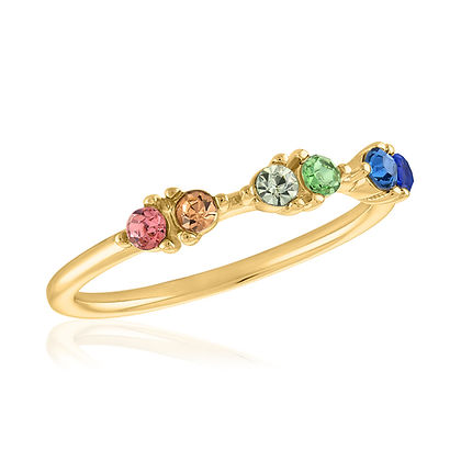 Rainbow Duos Gold Layers Ring featuring six colorful round-cut gemstones on a gold band.