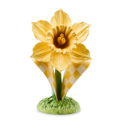 Handmade fiberglass daffodil trophy in yellow with green stem accents.