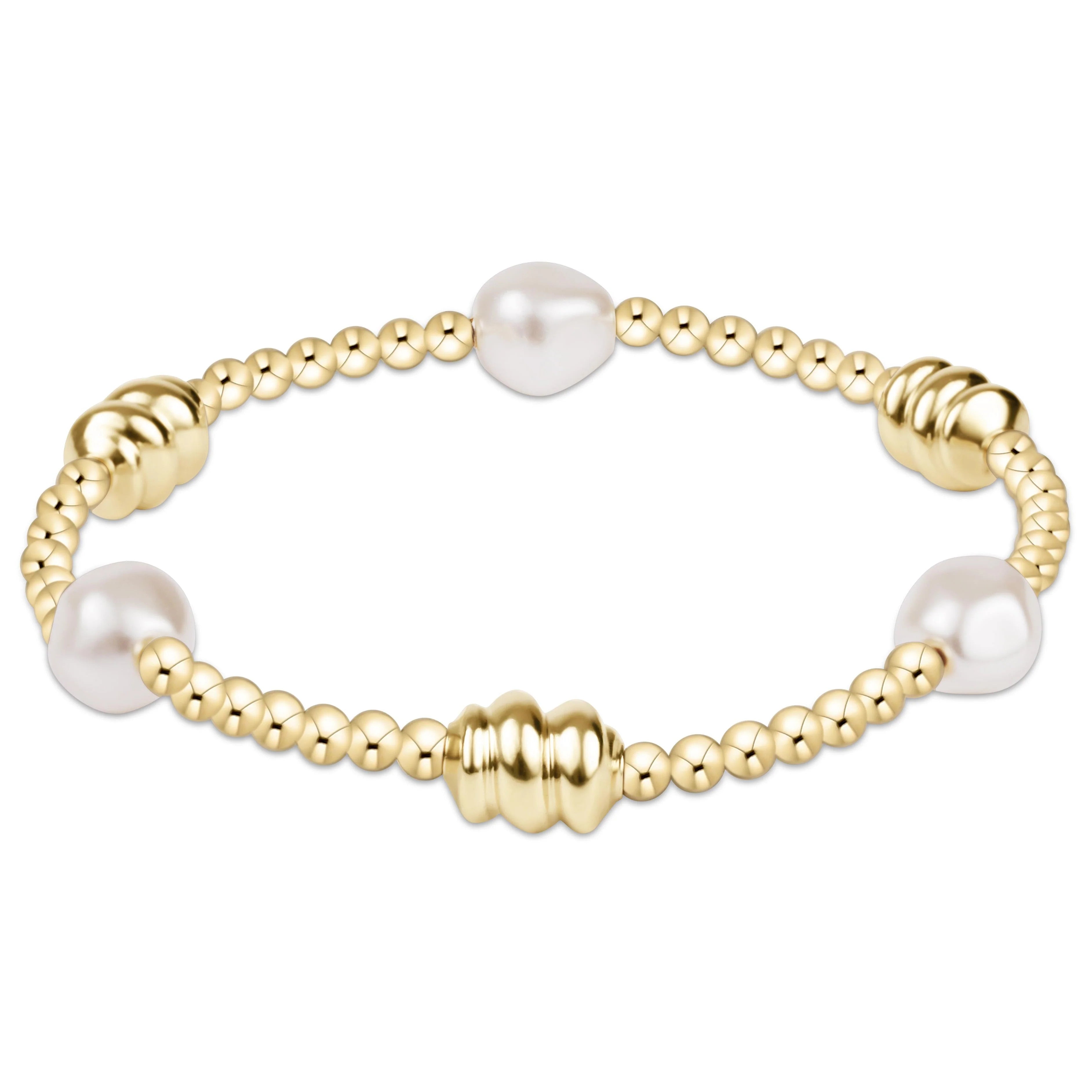 3mm gold-filled bracelet featuring Admire Gold and pearl beads on high-performance elastic.