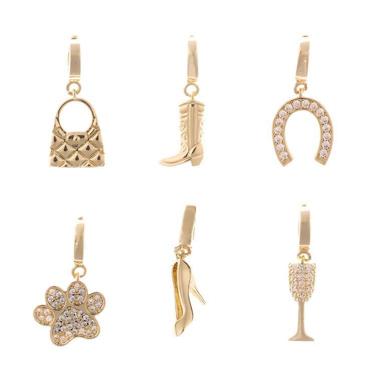 Six 18k gold plated charms: quilted handbag, cowboy boot, horseshoe, paw print, heel, and wine glass
